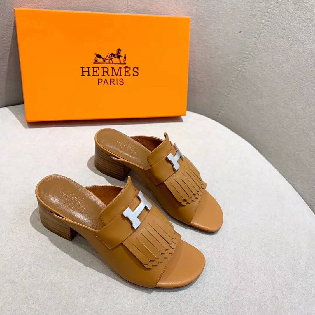 Hermes Women Alma Sandal Calfskin Fringe Detail Palladium Plated “H”-Brown