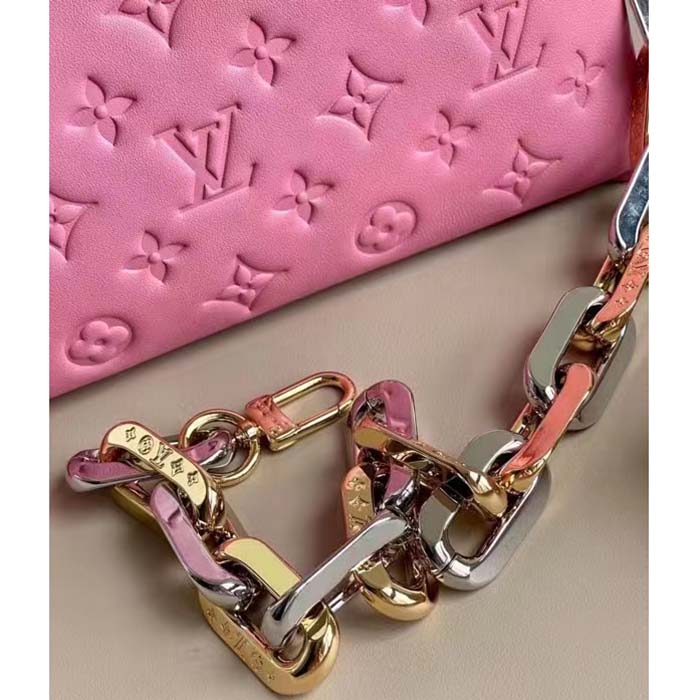 Louis Vuitton LV Women Coussin PM Handbag Rose Bonbon Pink Lambskin Cowhide Leather