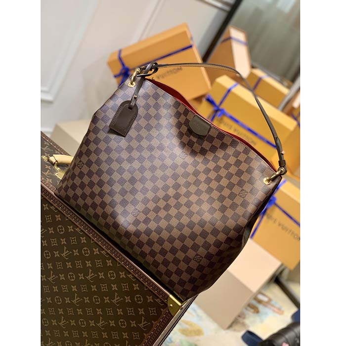 Louis Vuitton LV Unisex Graceful MM Hobo Damier Ebene Coated Canvas Cowhide Leather