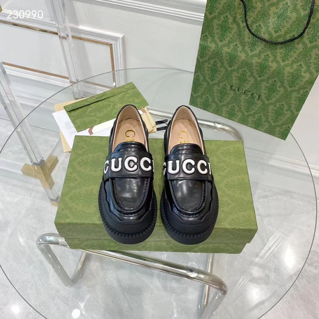 Gucci GG Women Gucci Loafer Black White Leather Scalloped Script Rubber Sole Mid-Heel