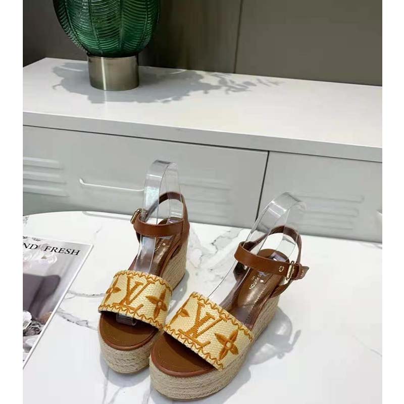 Louis Vuitton Women Boundary Wedge Sandal Raffia and Tan Calf Leather