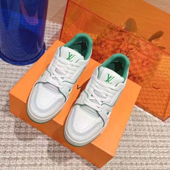 Louis Vuitton Unisex LV Trainer Sneaker Green Grained Calf Leather Rubber Initials