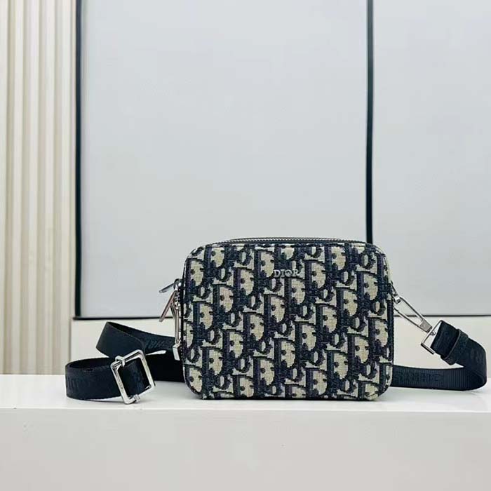 Dior Unisex CD Pouch Strap Beige Black Dior Oblique Jacquard Double Zipped Pocket
