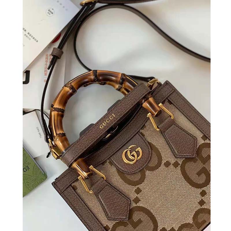 Gucci Unisex Diana Jumbo GG Mini Tote Bag Camel Ebony Jumbo GG Canvas