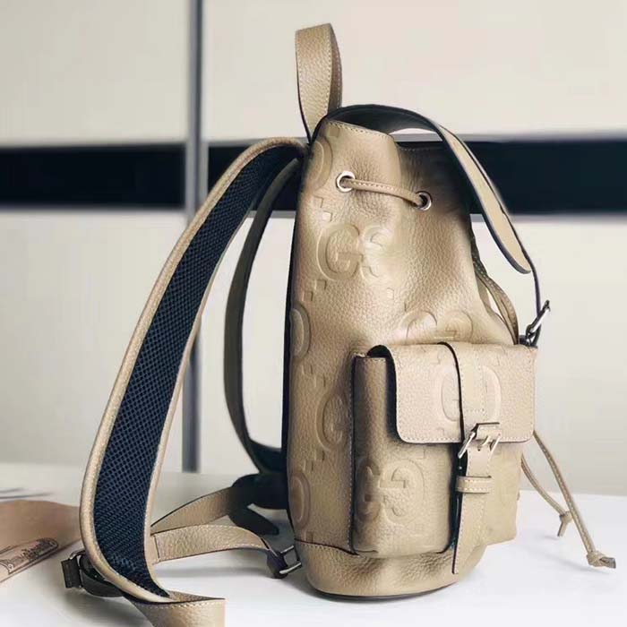 Gucci Unisex Jumbo GG Small Backpack Taupe Leather Cotton Linen Lining