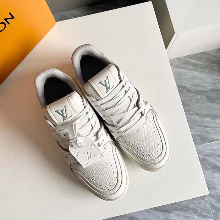 Louis Vuitton Unisex LV Trainer Sneaker White Grained Calf Leather Rubber Initials Monogram Flowers