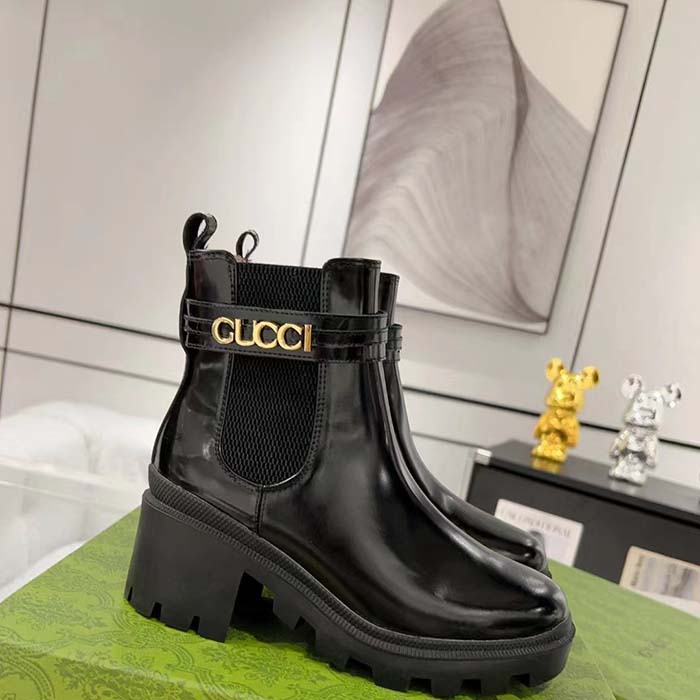 Gucci Women GG Mid-Heel Boot Logo Black Shiny Leather Heel Loop Pull Lug Rubber