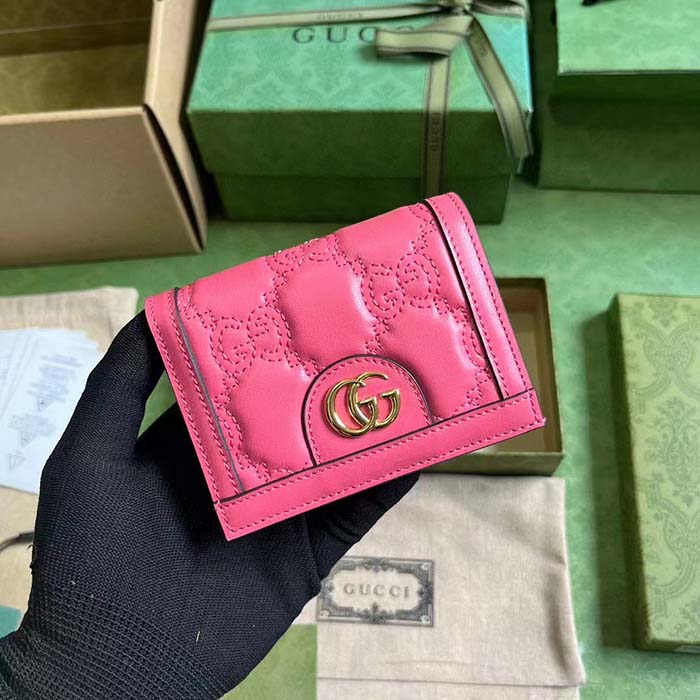 Gucci Unisex GG Marmont Card Case Wallet Pink GG Matelassé Leather Double G