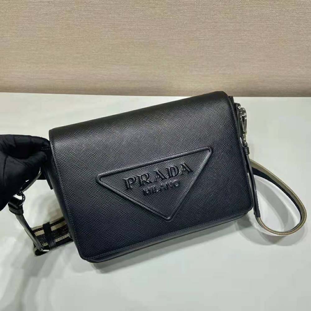 Prada Women Saffiano Leather Shoulder Bag with Sleek-Black