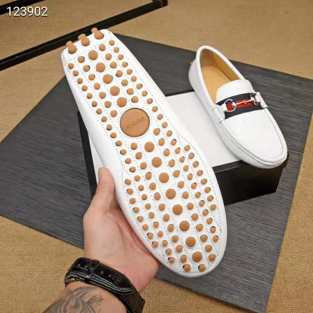 Gucci Men Leather Driver with Web-White