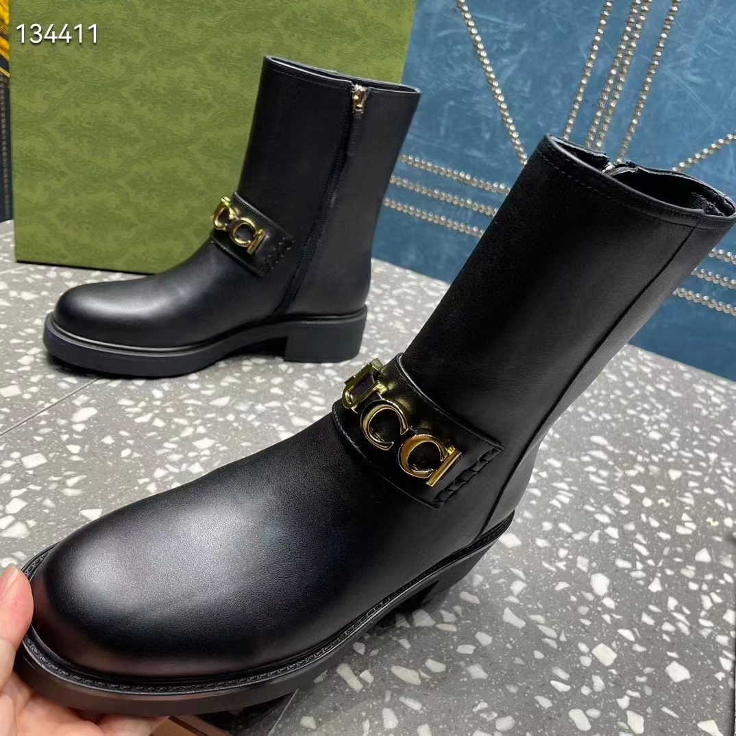Gucci Women GG Gucci Boot Black Leather Rubber Sole Mid 8.9 CM Heel