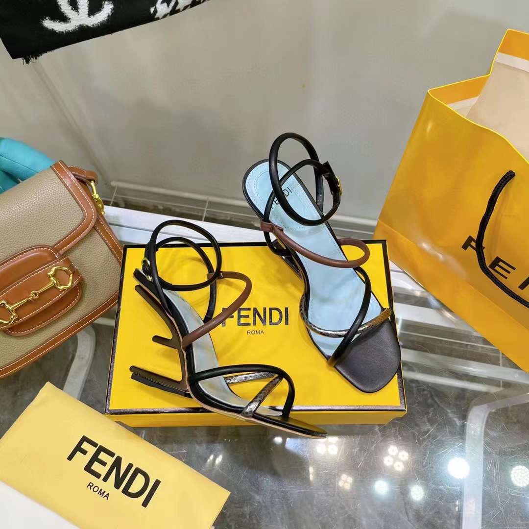 Fendi Women FF First Brown Nappa Leather High-Heeled Sandals 9.5 cm Heel