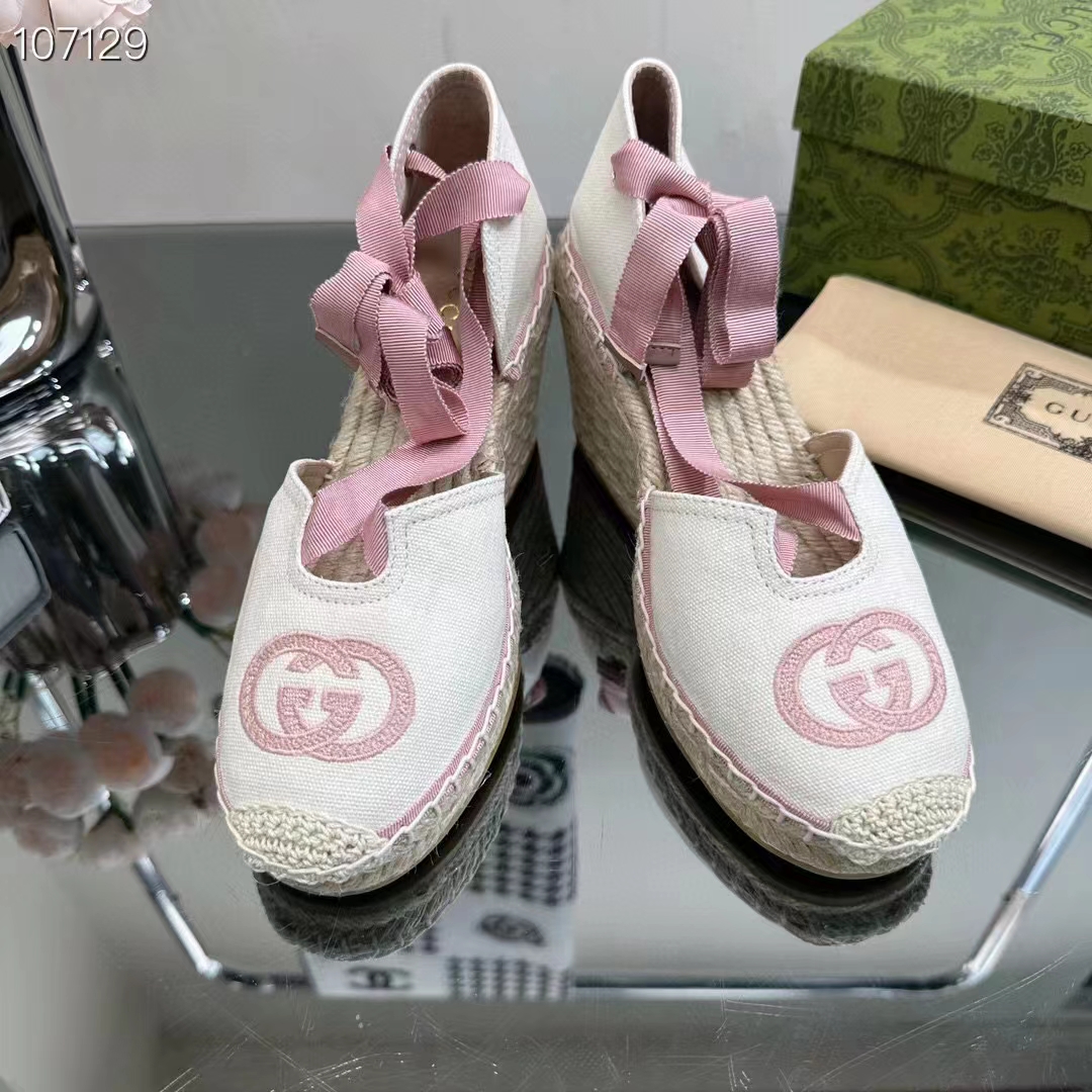 Gucci Women Espadrilles Ribbon Tie White Cotton Canvas Pink Interlocking G Embroidery