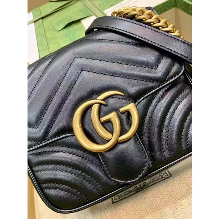 Gucci Women GG Marmont Matelassé Mini Shoulder Bag Black Chevron Leather