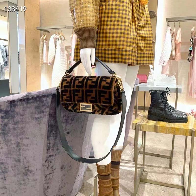 Fendi Women FF Baguette Brown Sheepskin Sheep Fur Calfskin Bag