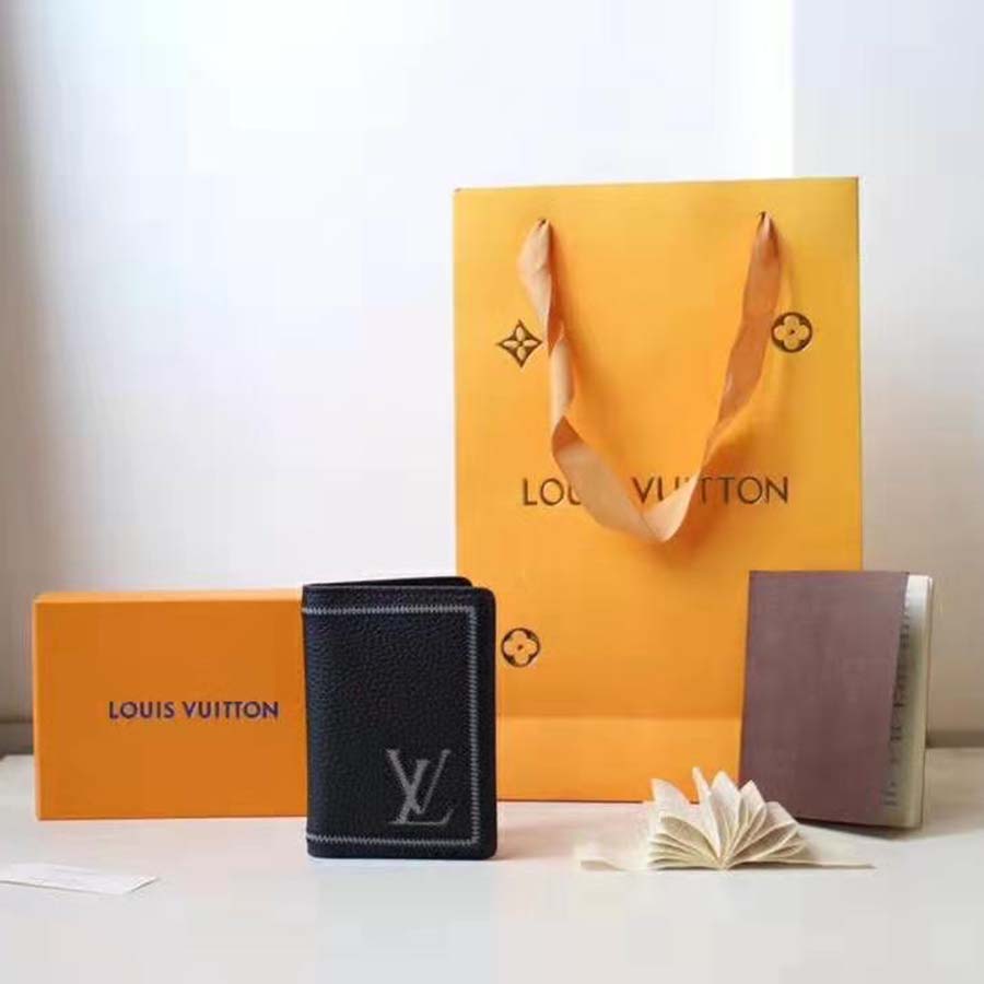 Louis Vuitton LV Unisex Pocket Organizer Wallet in Taurillon Leather-Black