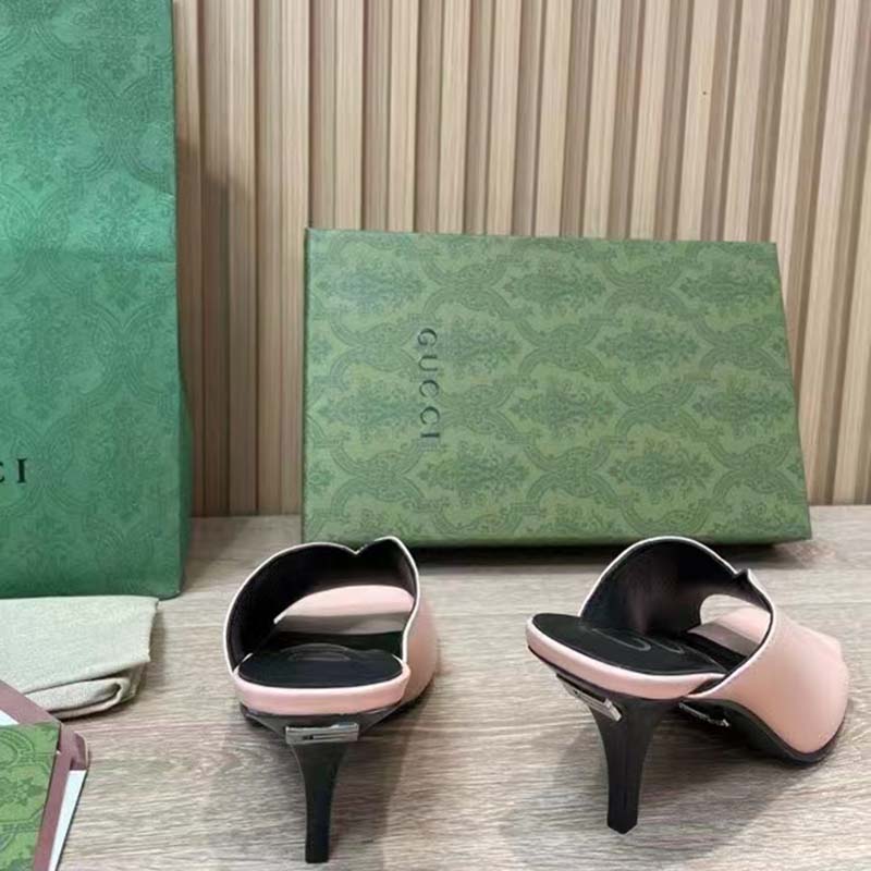 Gucci Women GG Mid-Heel Open Toe Pump Light Pink Leather Square Toe