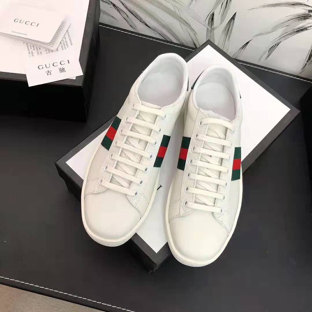 Gucci Unisex Ace Leather Sneaker White Leather with Green Crocodile Detail