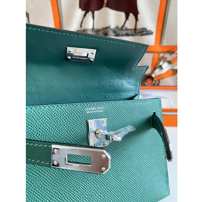 Hermes Women Mini Kelly 20 Bag Epsom Leather Silver Hardware-Green