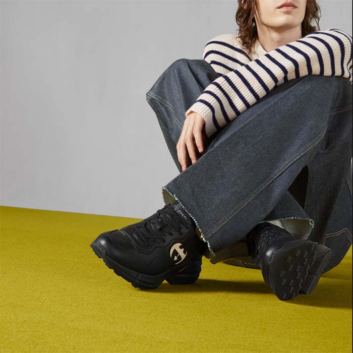 Gucci Unisex Interlocking G Rhyton Sneakers Black Leather White Cut-Out Rubber Sole