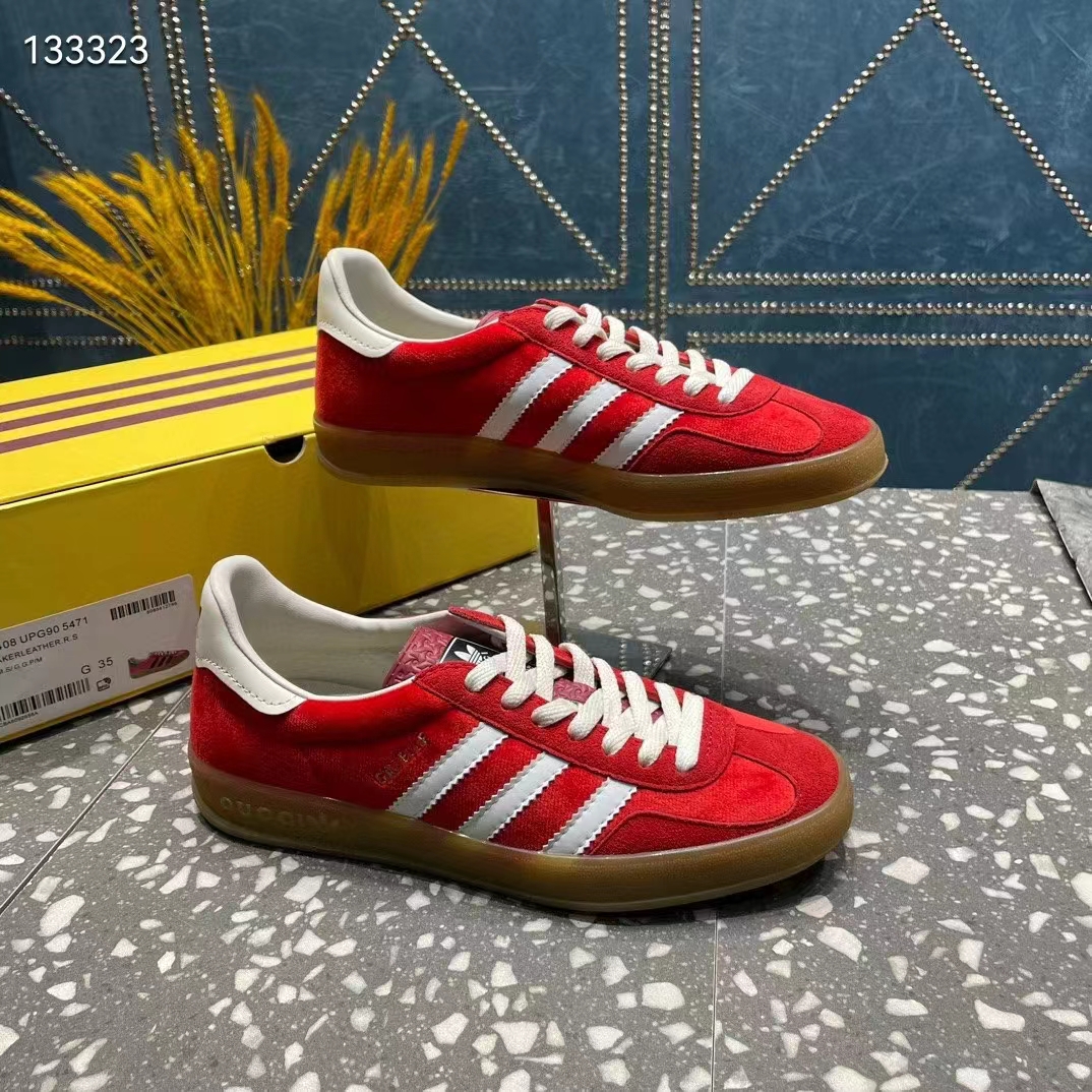 Gucci Unisex Adidas x Gucci Gazelle Sneaker Red Original GG Canvas Rubber Low 3 CM Heel