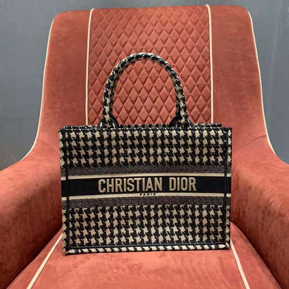Dior Women Small Dior Book Tote Black Houndstooth Embroidery