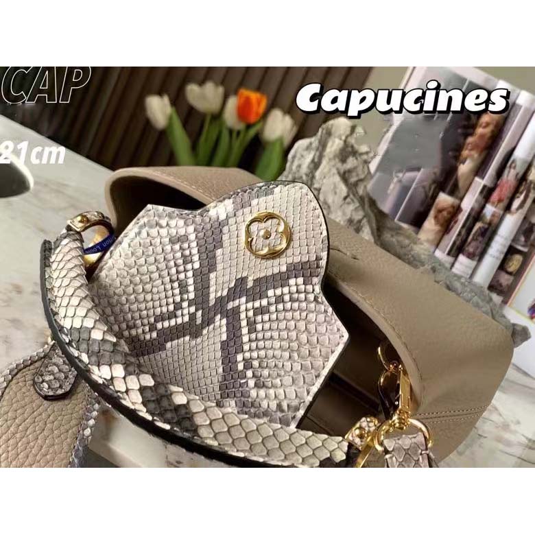 Louis Vuitton LV Women Capucines Mini Handbag Galet Gray Taurillon Python Leather