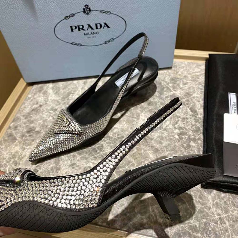 Prada Women Satin Sling-Back Pumps with Crystals-Black