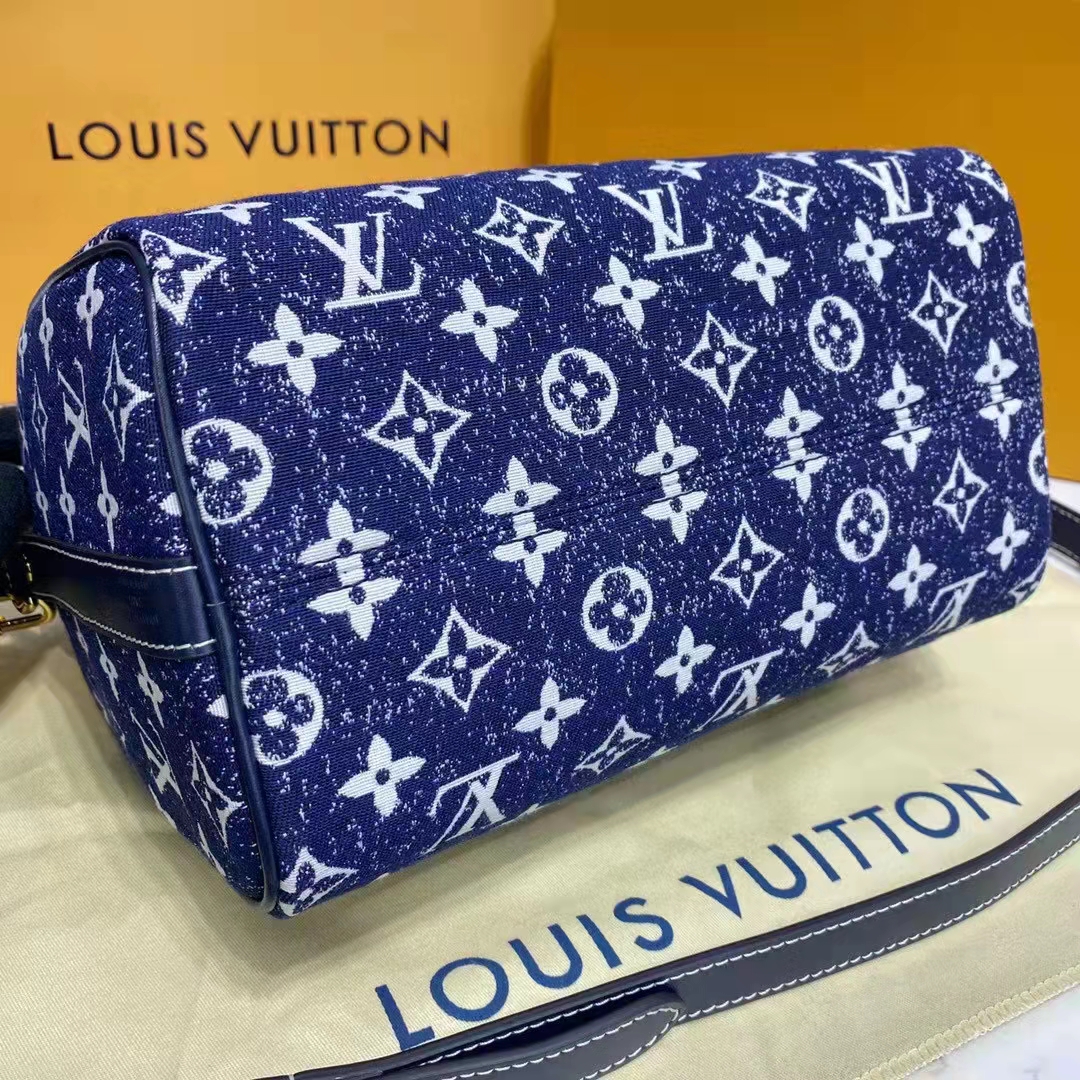 Louis Vuitton LV Women Speedy Bandoulière 25 Handbag Navy Blue Denim Jacquard Calfskin