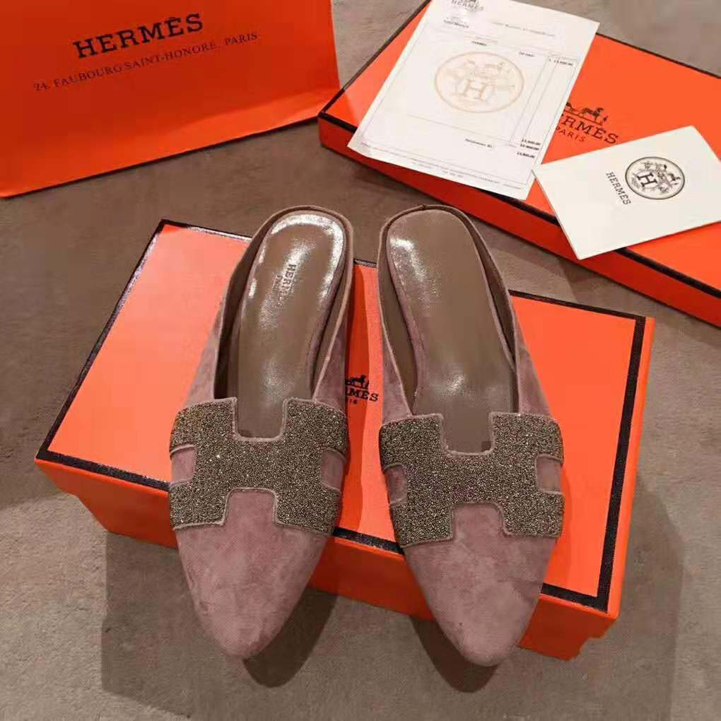 Hermes Women Roxane Mule in Suede Goatskin with Crystal-Rose