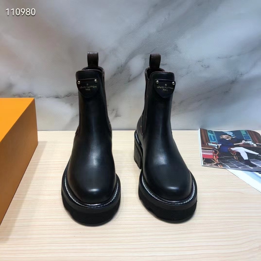 Louis Vuitton Women Shoes LV Beaubourg Ankle Boot Black Calf Leather 4 cm Heel