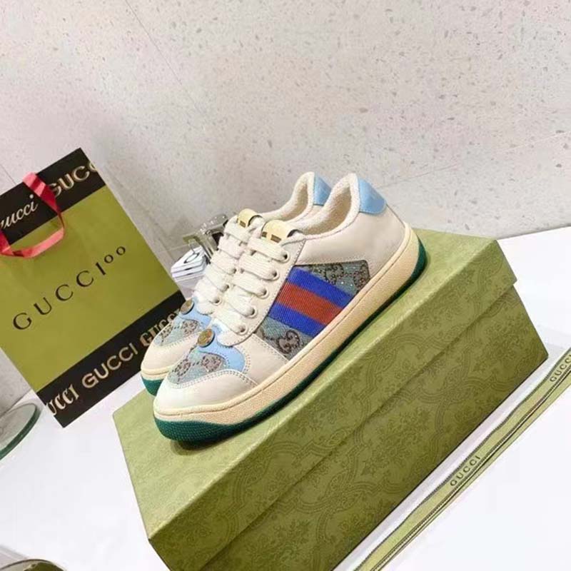 Gucci Unisex Screener Sneaker Crystals Brown Blue GG Canvas 3.6 cm Heel