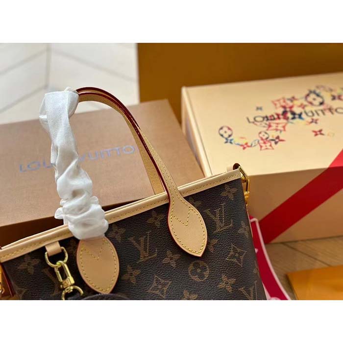 Louis Vuitton LV Women Neverfull BB Peony Pink Monogram Coated Canvas Natural Cowhide Leather