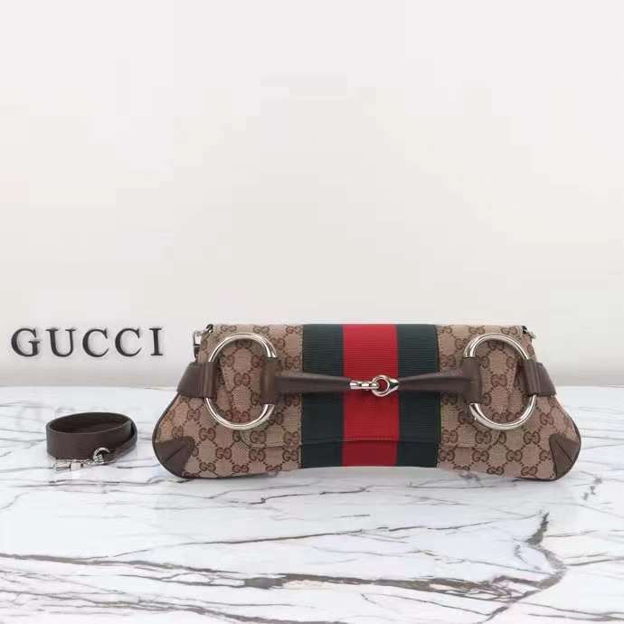 Gucci Women Horsebit Chain Medium Shoulder Bag Beige Ebony Original GG Canvas