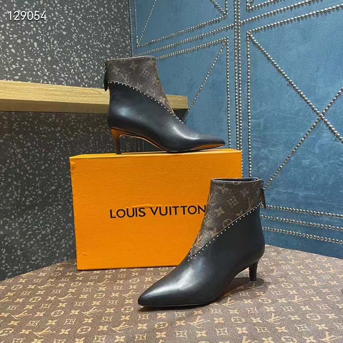 Louis Vuitton Women LV Signature Ankle Boot Black Calf Leather Patent Monogram Canvas