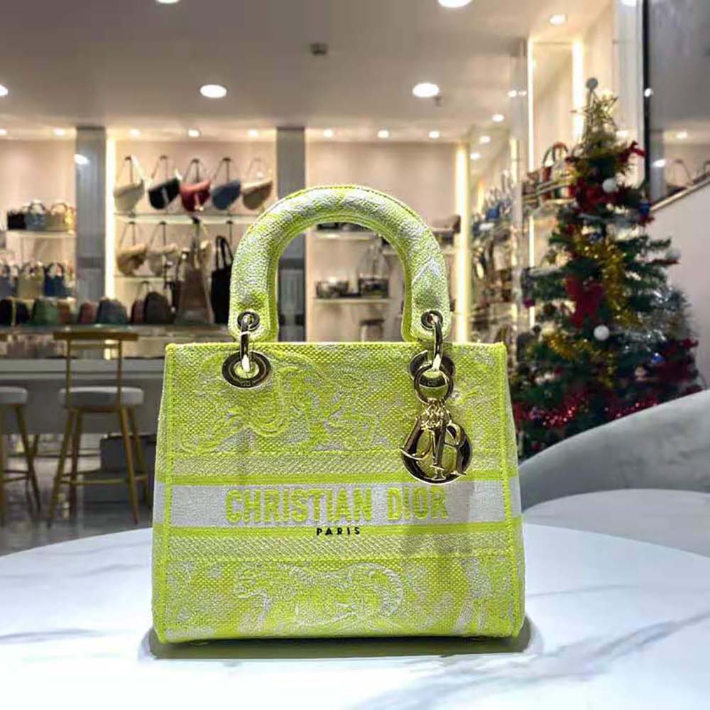Dior Women Medium Lady D-lite Bag Lime Toile De Jouy Reverse Embroidery
