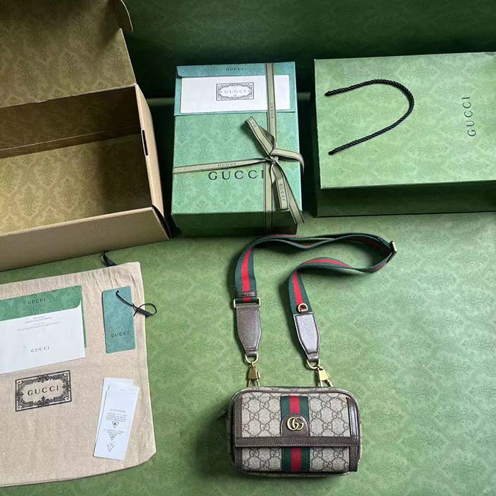 Gucci Unisex Ophidia GG Mini Bag Double G Beige Ebony GG Supreme Canvas