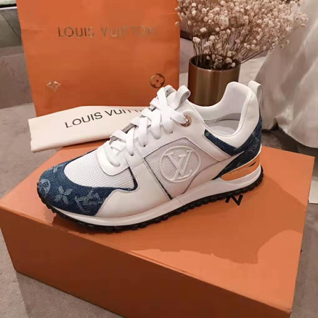 Louis Vuitton LV Women Run Away Sneaker in Monogram Denim and Calf Leather-Blue