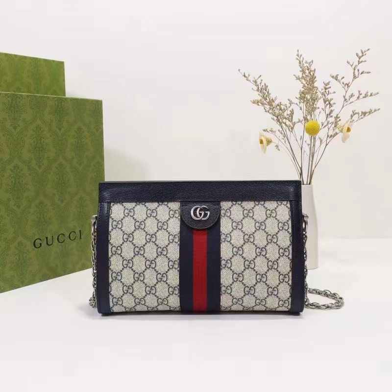 Gucci Women Ophidia GG Small Shoulder Bag Beige Blue GG Supreme Canvas