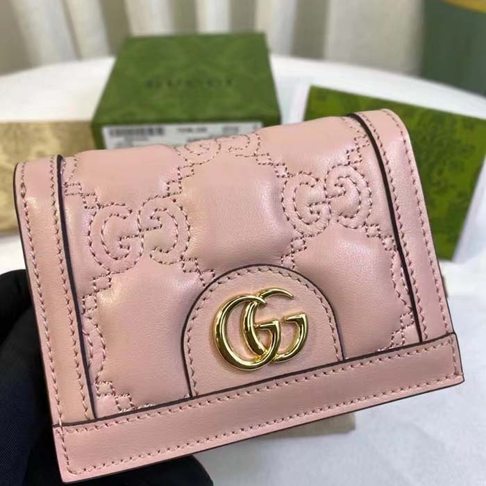 Gucci Unisex GG Marmont Card Case Wallet Light Pink GG Matelassé Leather Double G