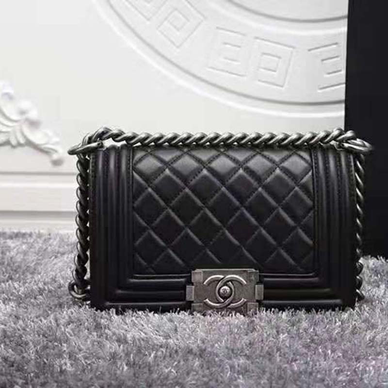 Chanel Women Small Boy Chanel Handbag in Calfskin Leather-Black