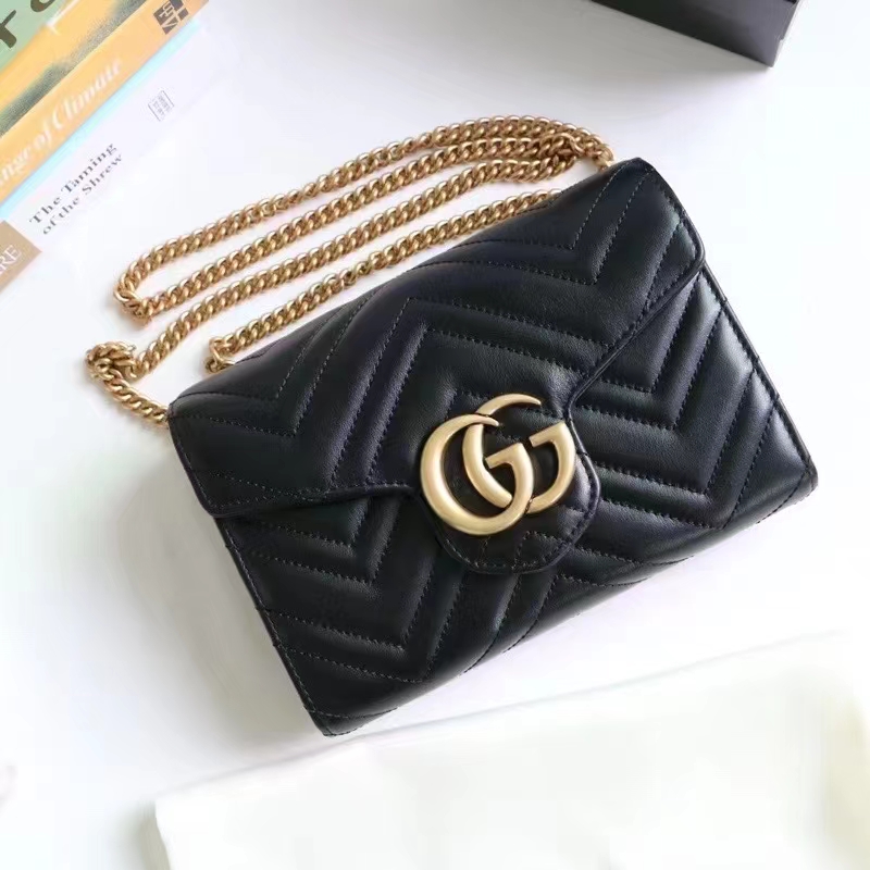 Gucci Women GG Marmont Matelassé Mini Bag Black Chevron Leather Double G