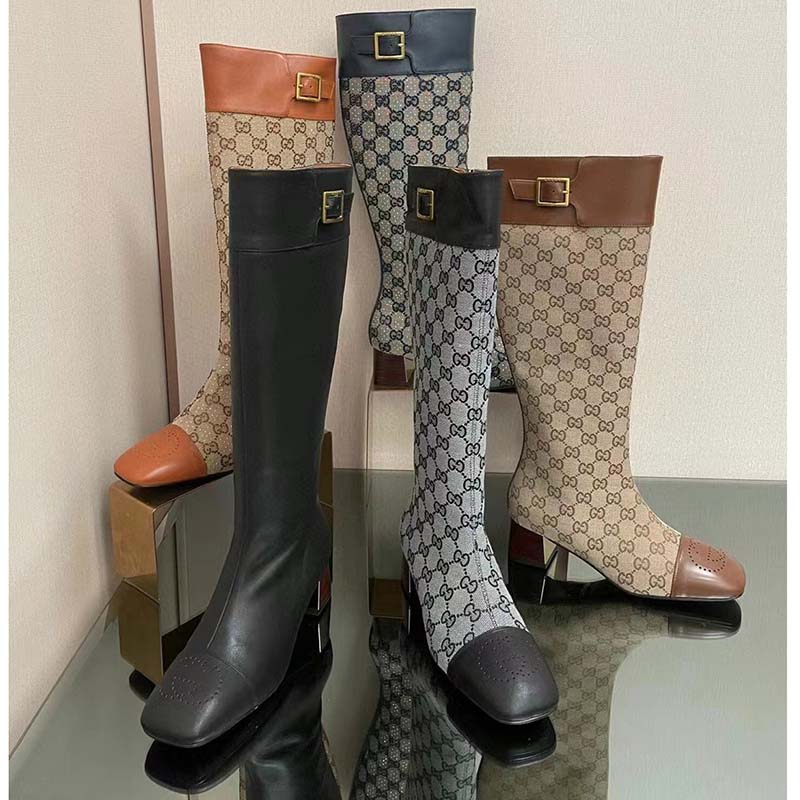 Gucci Blondie Women’s Boot Crystals Beige Ebony GG Canvas Low 5 Cm Heel