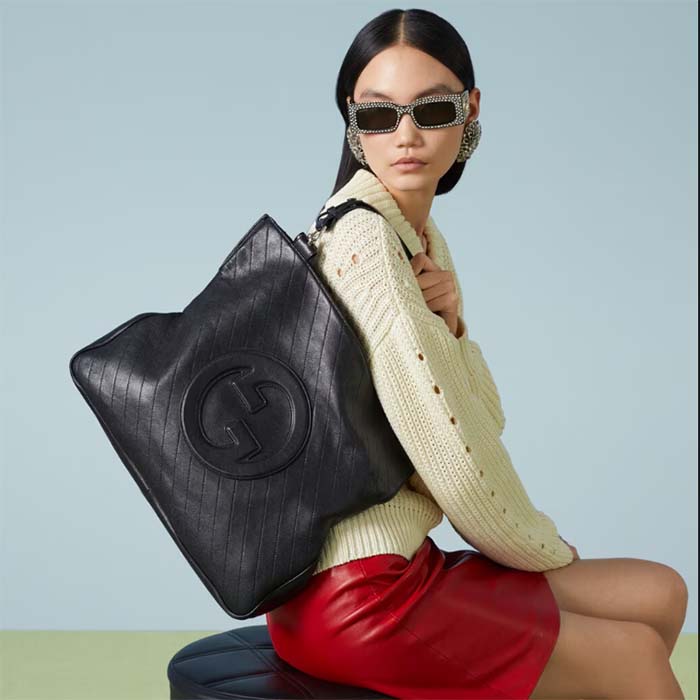 Gucci Unisex Blondie Medium Tote Bag Black Leather Round Interlocking G