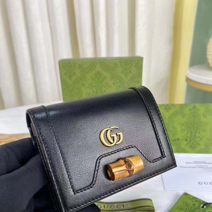 Gucci Unisex GG Diana Medium Wallet Double G Black Leather Bamboo Closure