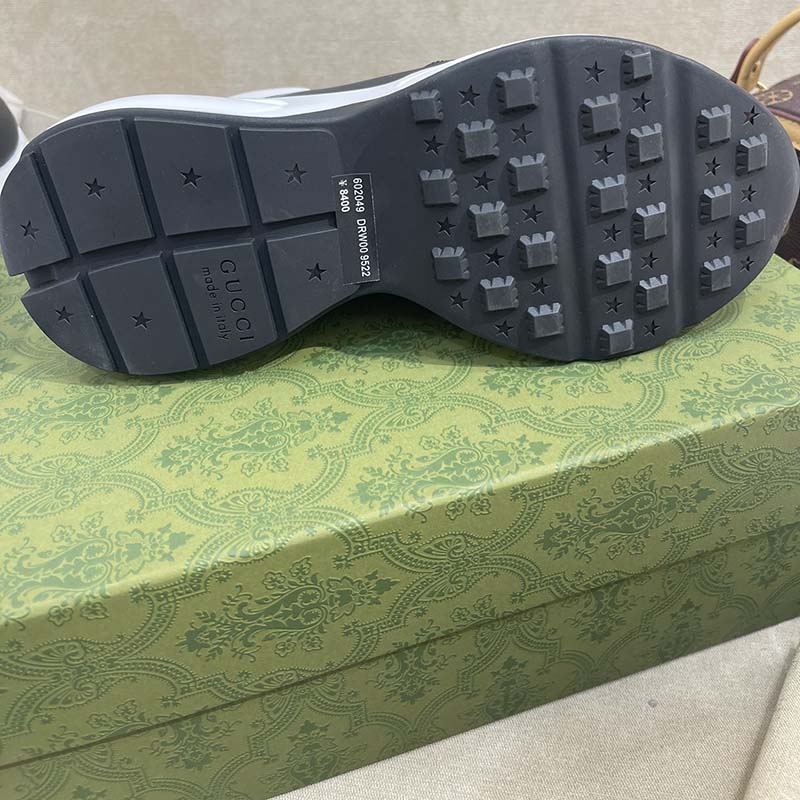 Gucci Unisex GG Rhyton Sneaker Black White Leather Rubber Sole 5 Cm Low Heel