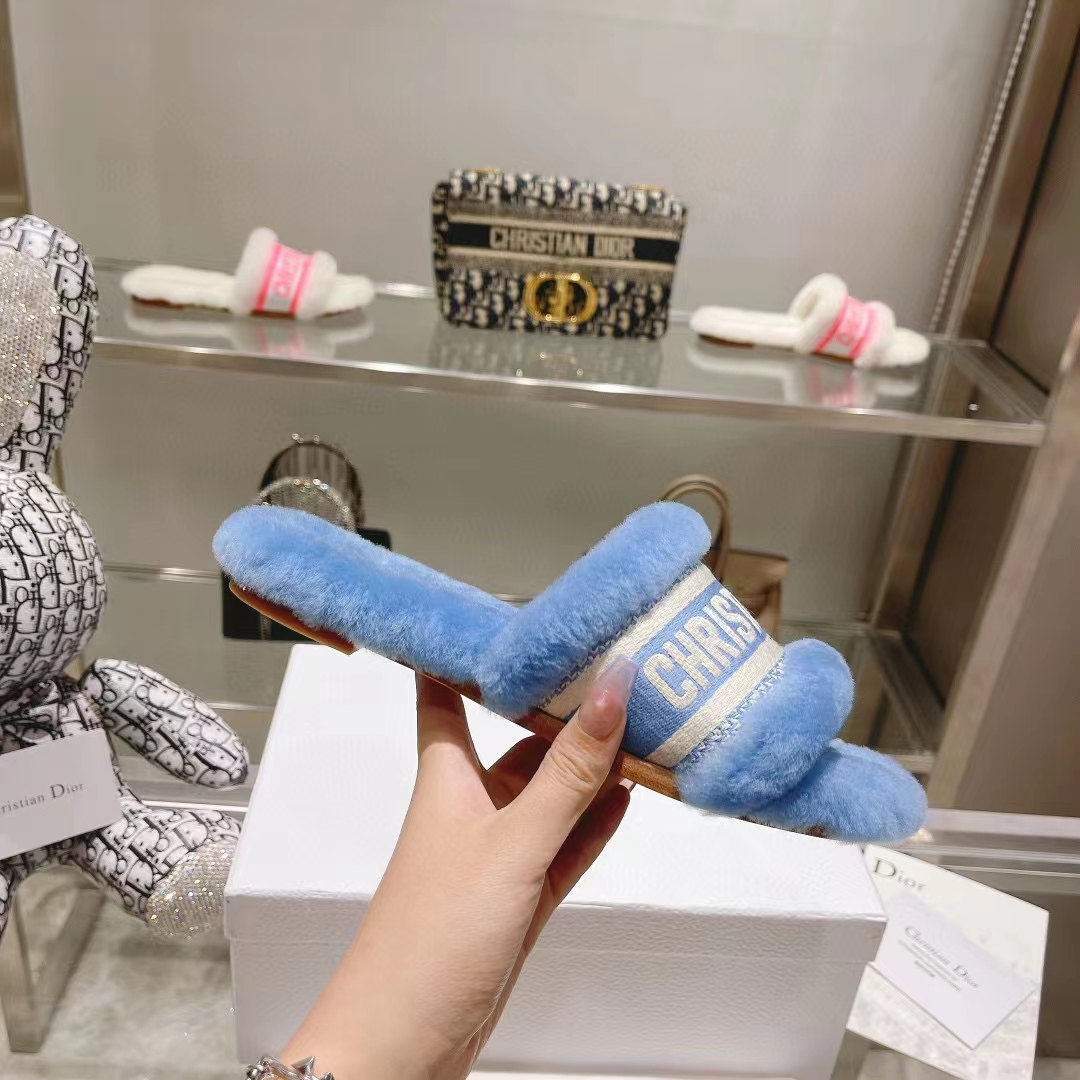 Dior Women CD Shoes Chez Moi Slide Bright Blue Embroidered Cotton Shearling