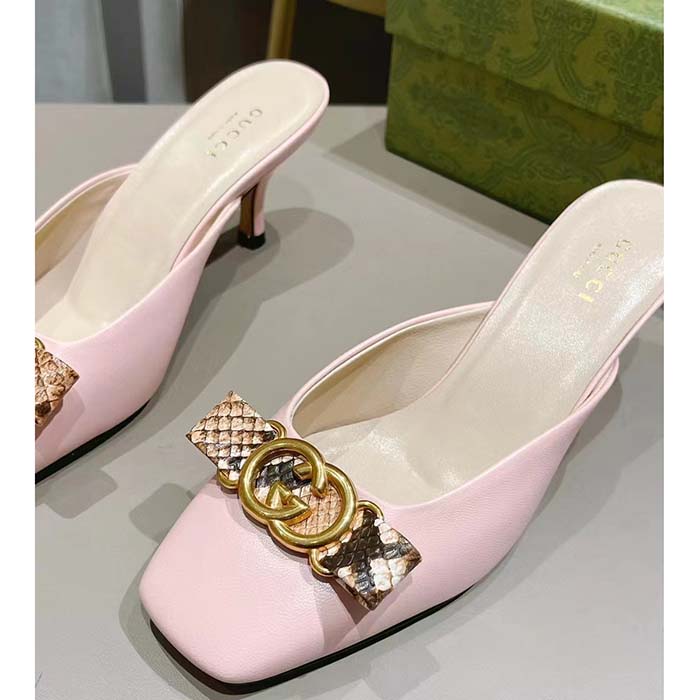Gucci Women GG Interlocking G Mule Pink Leather Square Toe Leather Mid-Heel