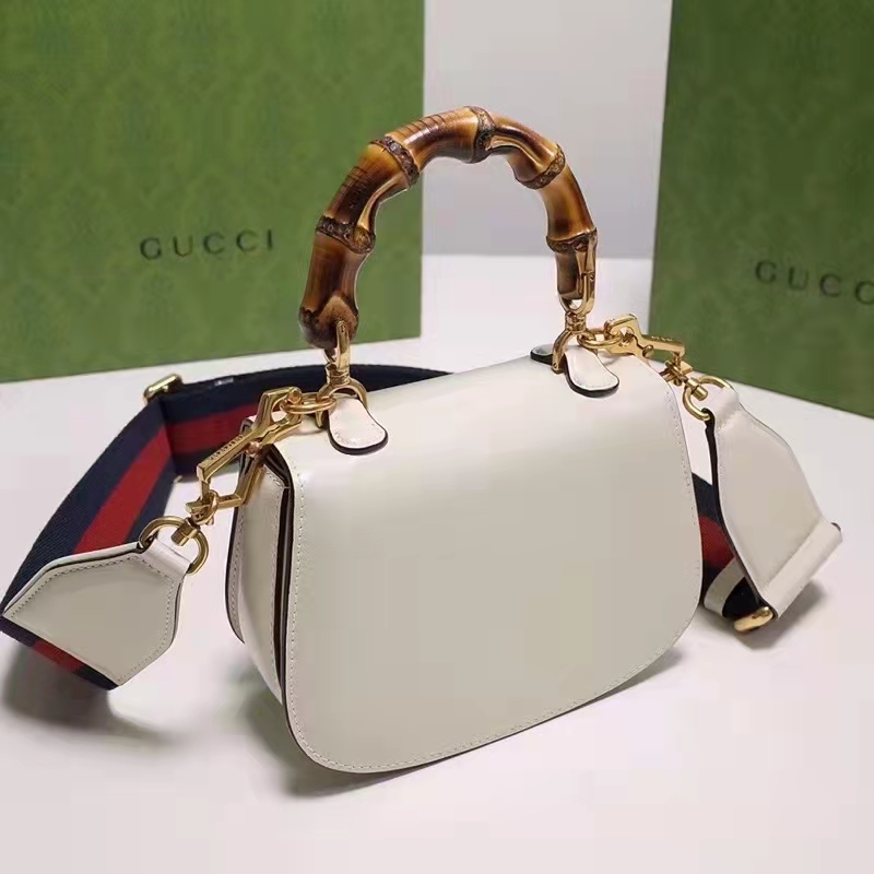 Gucci Women Bamboo 1947 Mini Top Handle Bag White Leather Bamboo Hardware