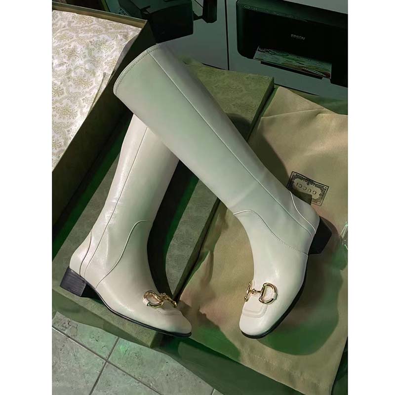 Gucci Women’s Knee-High Boot Horsebit White Rubber Sole Low 4 Cm Heel